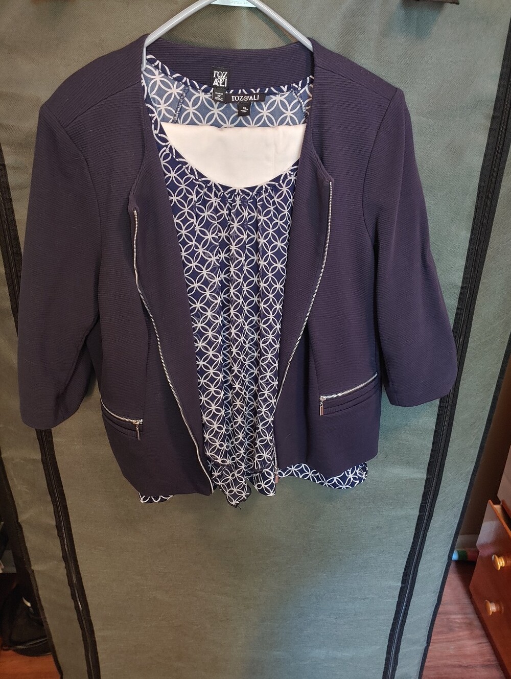 Navy Open-Front Jacket with Printed Shell